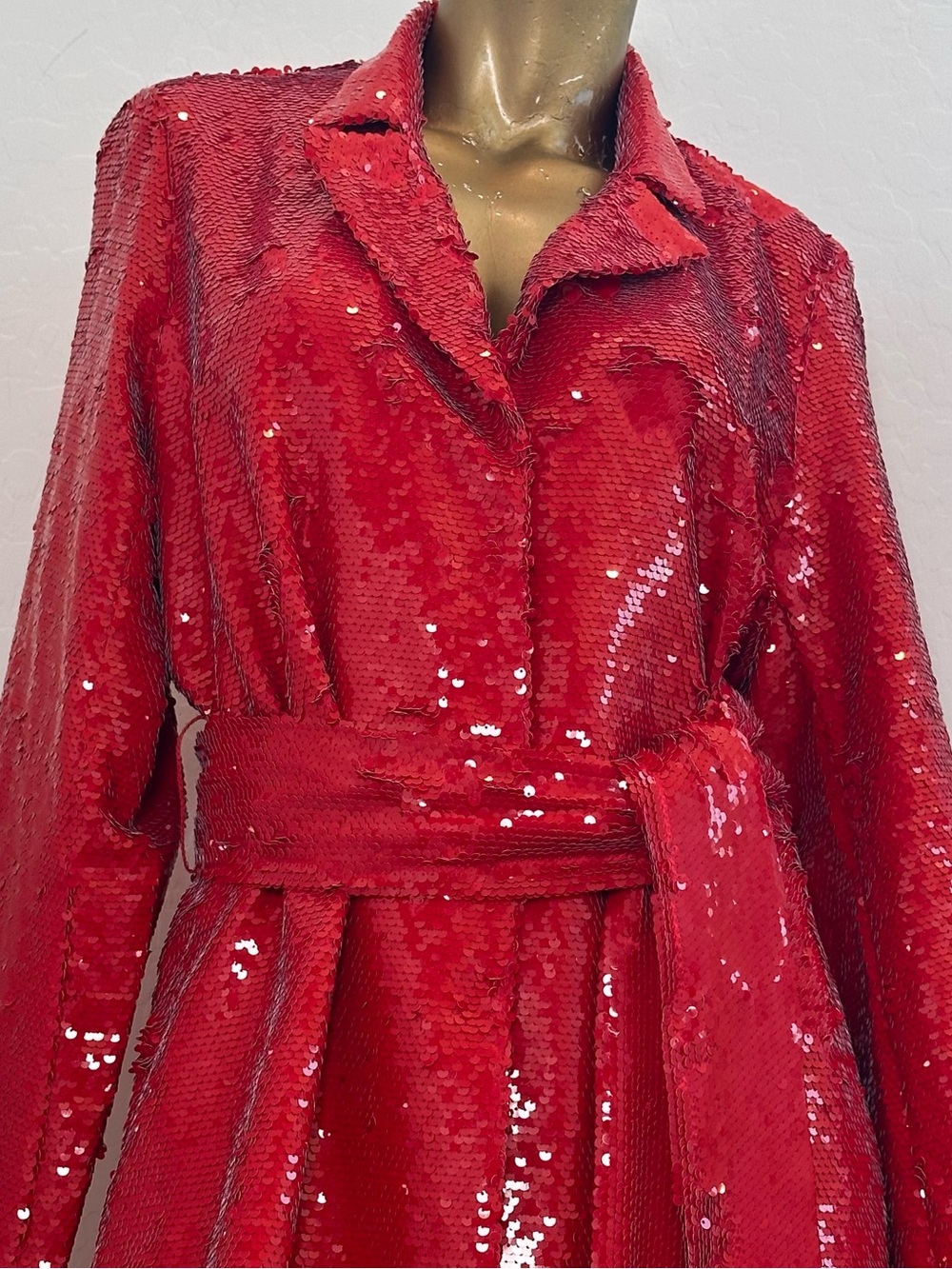 VENUS Red Sequin Belted Duster Midi length Jacket Size 14 , snap button front - Picture 11 of 12